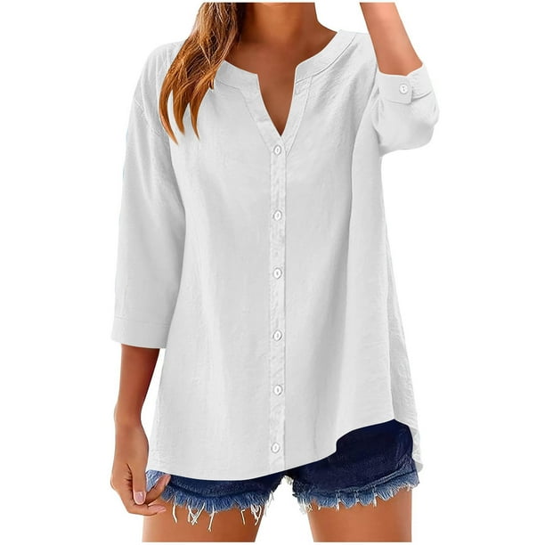 Vestidos Casuales Para Mujer, Blusas De Mujer De Moda Blusas de moda para mujer, de color liso, de imitación de lino y lino, con mangas 3/4, escote en V y botones.