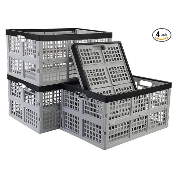 42 Liter, 4 Pack Collapsible Plastic Storage Crates, Folding Crate Storage