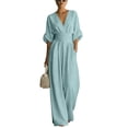 thumbnail image 6 of Women's Summer V-Neck Wide-Leg Jumpsuits, Batwing Sleeve Ruched Waist Maxi Jumpsuits, 3XL, 6 of 7