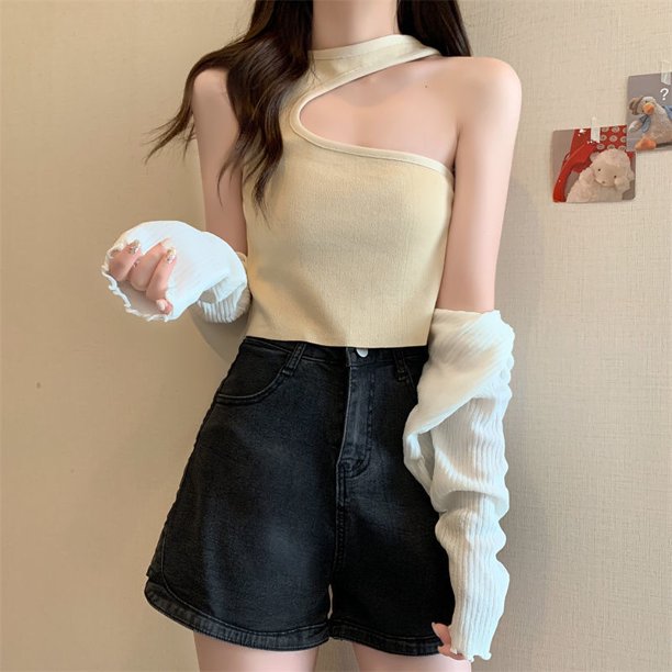 VISgogo Mujeres Verano Casual Tank Tops, Color Sólido Slim-Fit Irregular Sin Mangas Crop Tops VISgogo moda