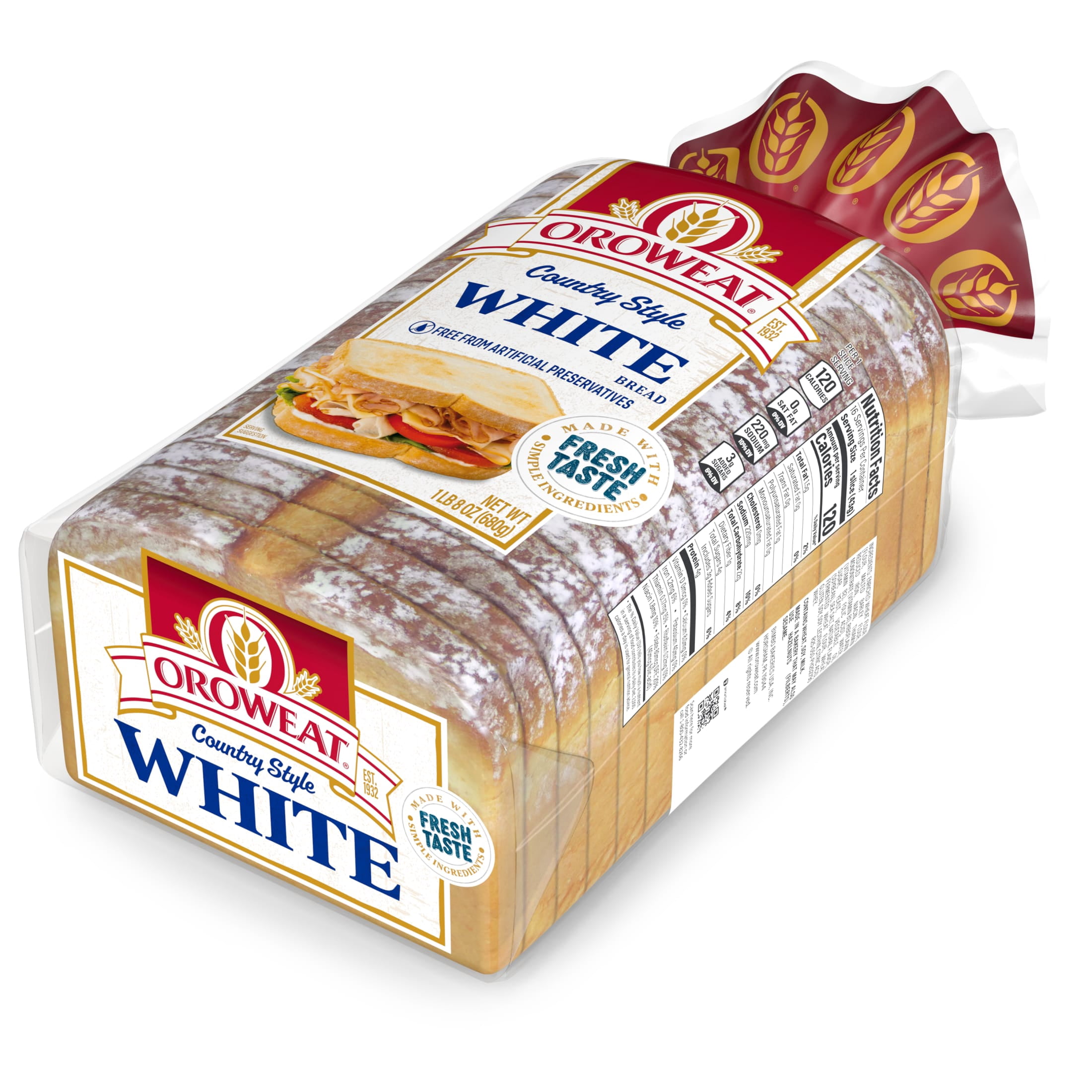 Oroweat Country Style Plain Bread, 24 oz, White Bread, Bag