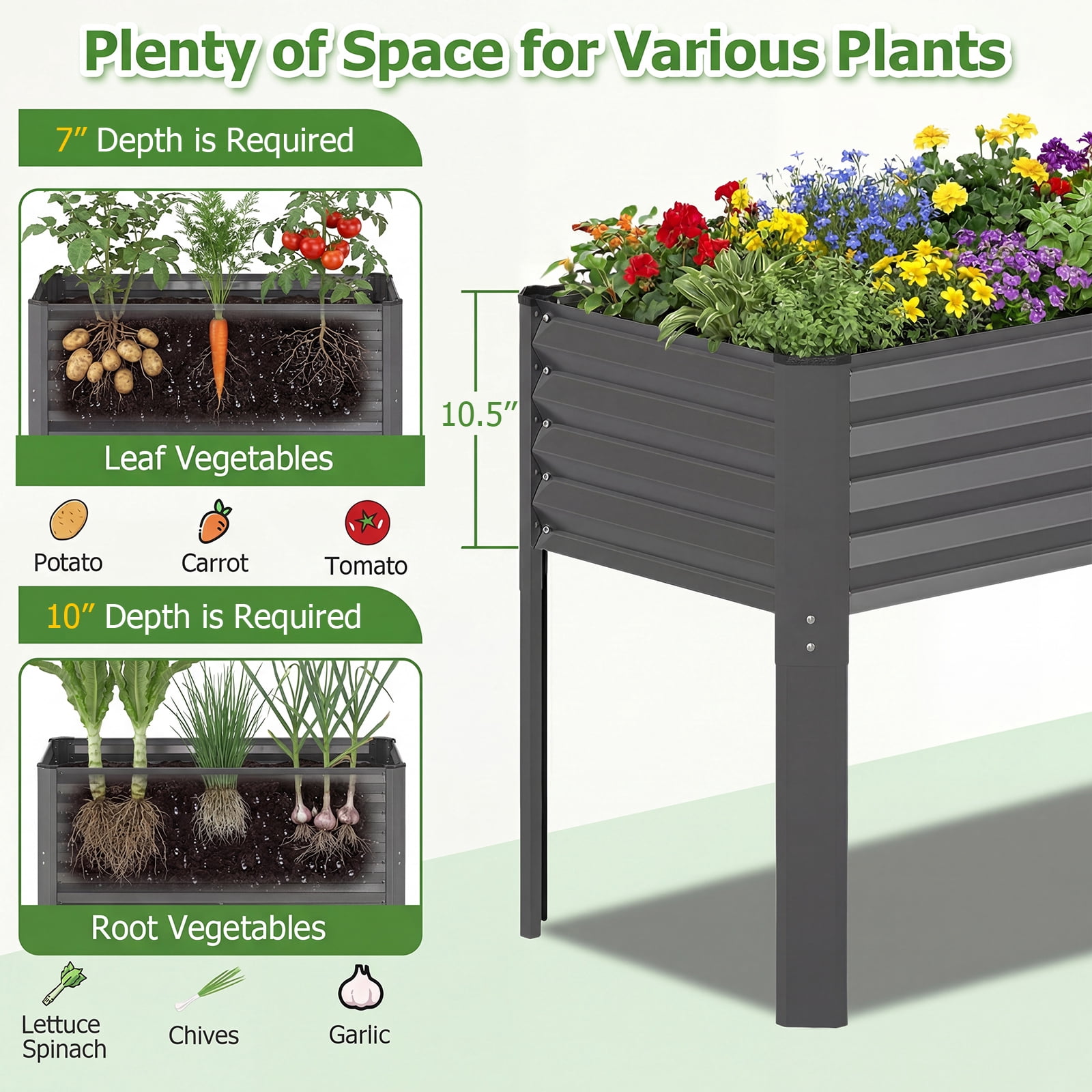 Costway 1 PCS Galvanized Raised Garden Bed with Legs, Metal Elevated Planter Box for Vegetables Gray