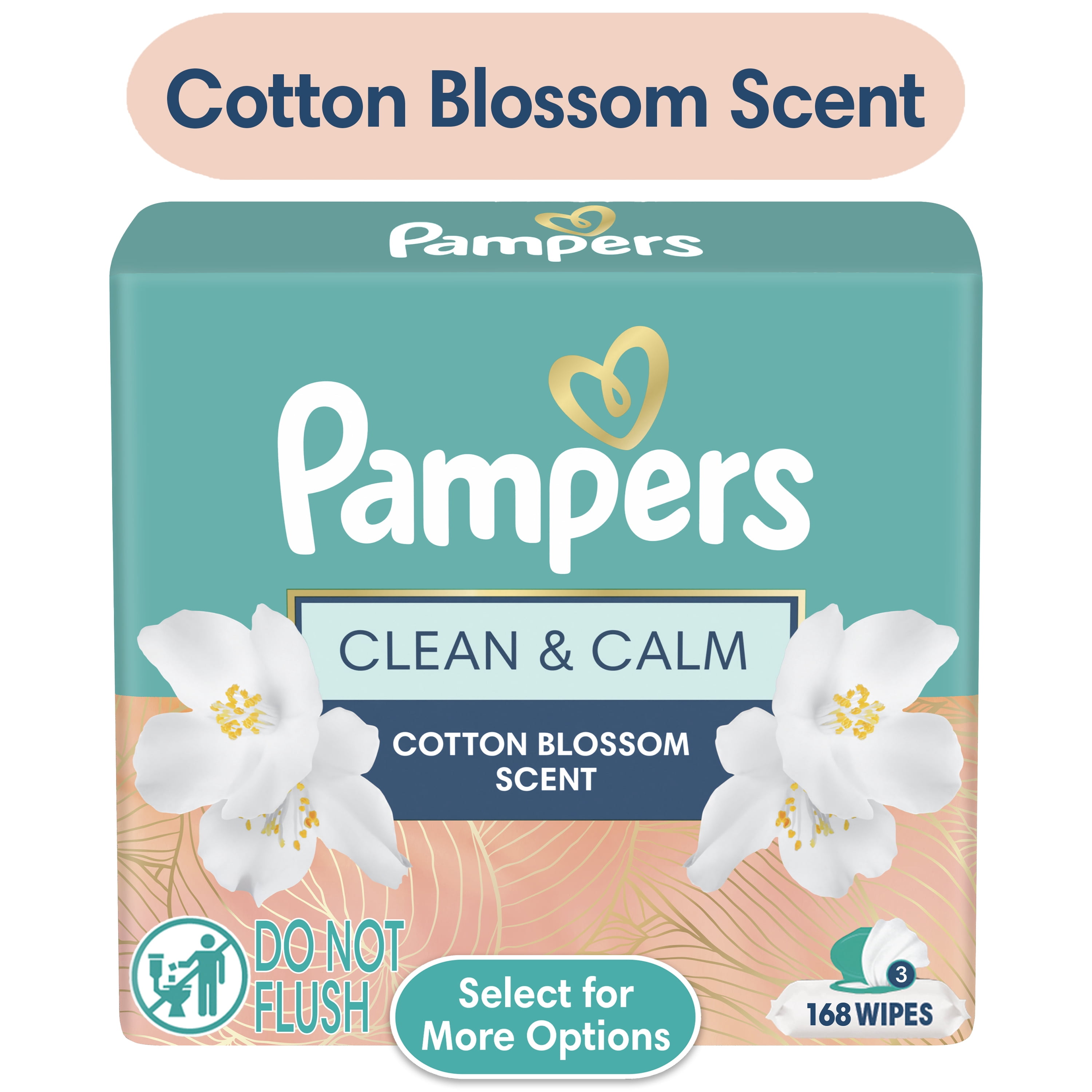 (4 pack) Pampers Wipes, Clean & Calm, Cotton Blossom Scent, 168 Wipes Total (3X Pop-Top Packs)
