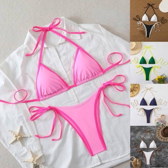 RYDCOT Women's Bikini Sets V Neck High Waisted Swimsuits Color Block Two Piece Swimsuit Tie Side Swimwear White