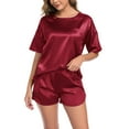 thumbnail image 6 of BEOEOSY Womens Satin Silky Pajama Set Short Sleeve High-low Hem Shirt with Short Pajama Pant Set,Wine Red, XL, 6 of 7