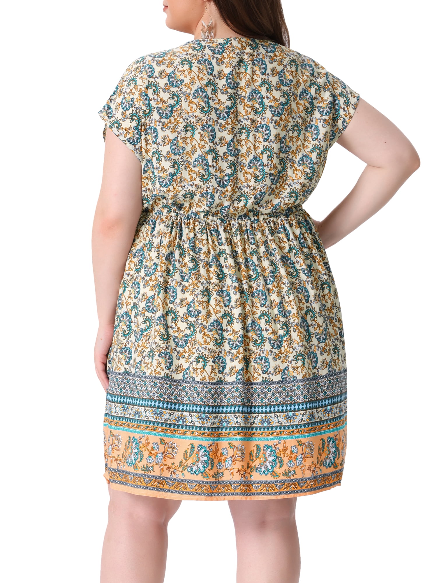 DARING DIVA Women's Plus Size V Neck Drawstring Waist Floral Dress 2X Beige