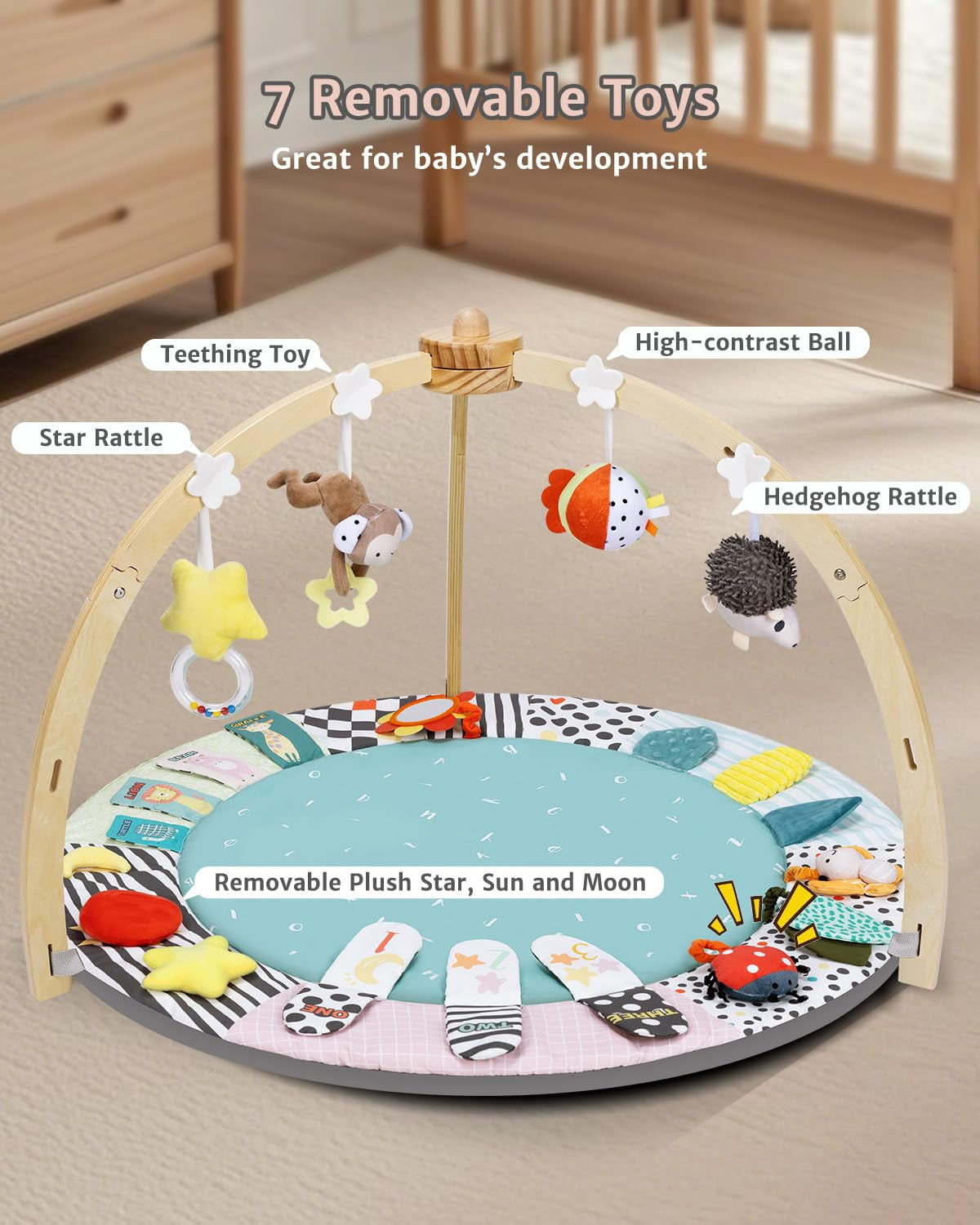 PRVAETU Wooden Baby Gym Play Mat, Foldable Tummy Time Playmat W/ 7 Detachable Toys for Infant Newborn Toddler Motor Skills Sensory Development,Green