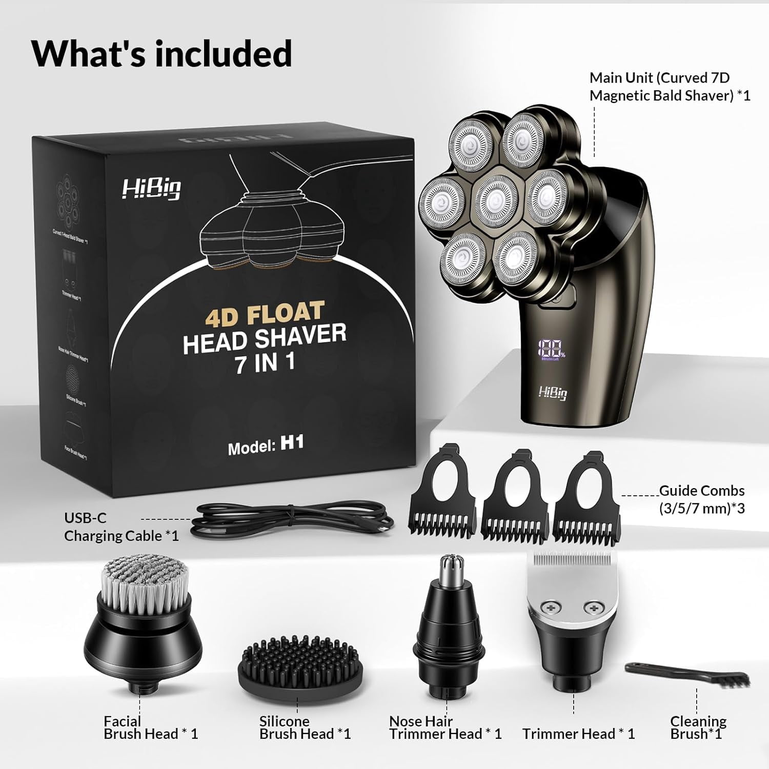 5-in-1 Electric Razor for Men, 7D Floating Head Shaver, IPX7 Waterproof Wet/Dry Body Grooming Trimmer, USB-C Rechargeable with LED Display, for Bald Head, Beard, Legs, Underarms, Dark Gray