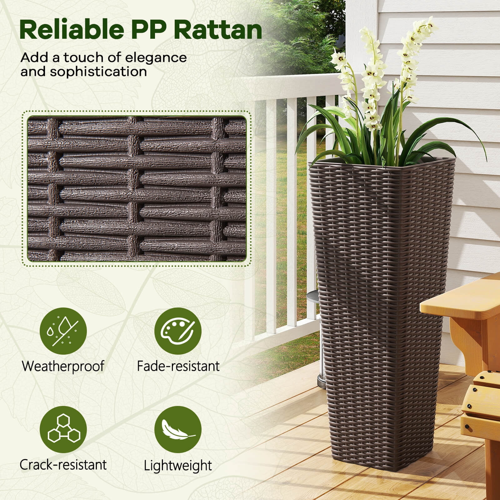 Costway Rattan Tall Planter Set of 2 with Removable Inner Trays, Drainage Holes for Garden Coffee