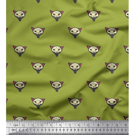Soimoi Green Poly Georgette Fabric Tribal Cat Face Printed Craft Fabric by the Yard 42 Inch Wide