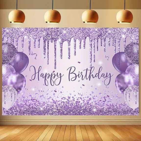Purple sparkling birthday background - Sparkling "Happy Birthday" text, with balloon and snowflake designs, suitable for party decoration, photography background, and birthday party decoration