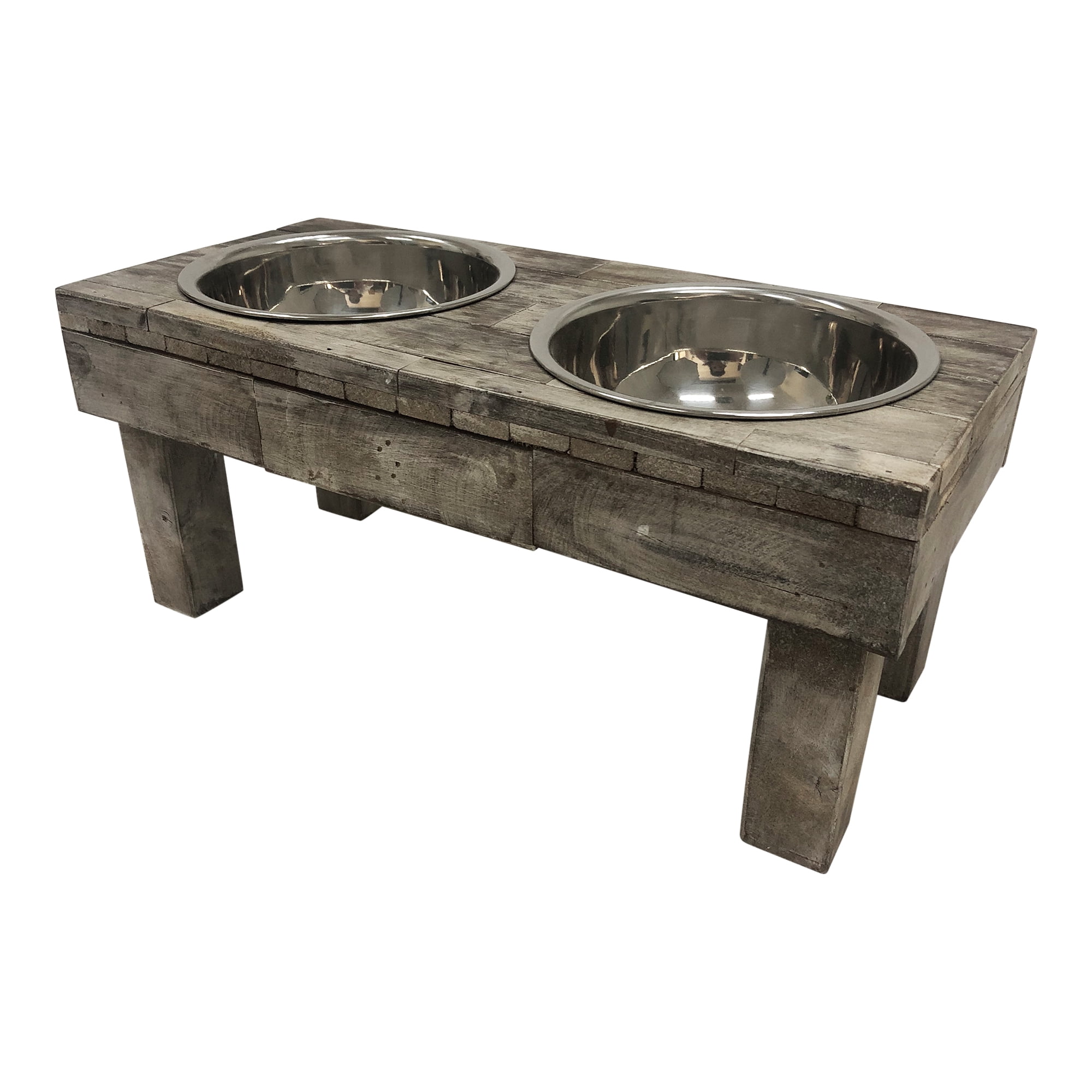 Huntley Pet Berjen Table Elevated Double Bowl Pet Feeder, Brown Wash (Small)