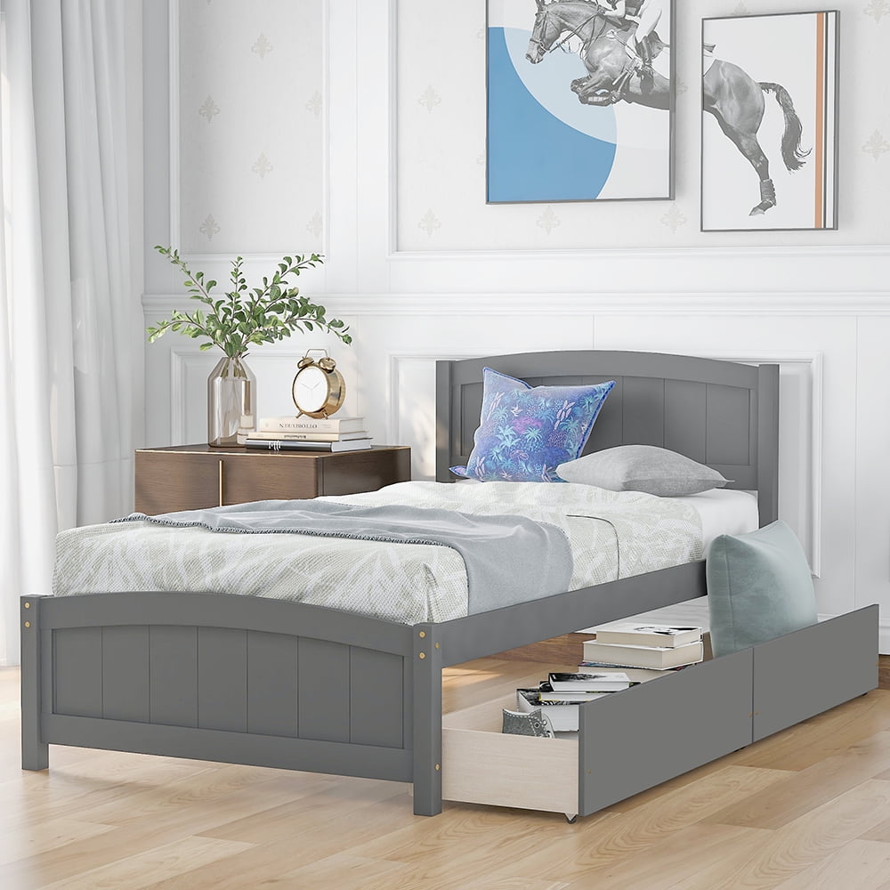 Kepooman Twin size Solid Wood Platform Bed Frame with 2 Drawers & Headboard for Bedroom, 79.5"L x 41.7"W x 37.5"H, Gray Kepooman Twin size Solid Wood Platform Bed Frame with 2 Drawers & Headboard for Bedroom, 79.5"L x 41.7"W x 37.5"H, Gray