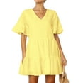 thumbnail image 2 of FANCYINN Women Ruffle Shift Dress with Pockets Bell Sleeve V Neck Loose Swing Tunic Mini Dress for Summer Light Yellow M, 2 of 5