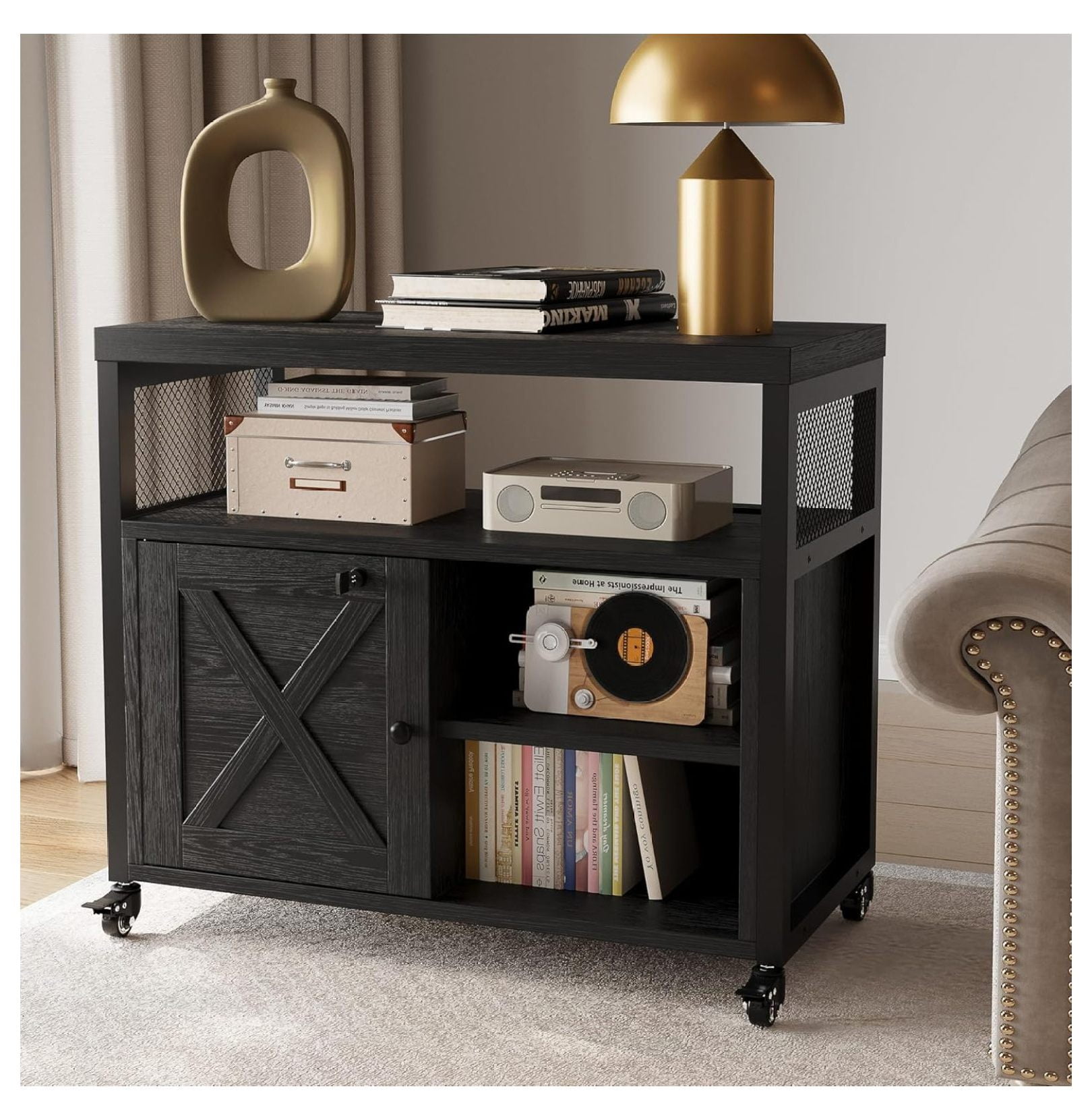Farmhouse Printer Stand with Storage, Rolling Printer Cabinet with Shelves, Station, Wheels, and File Cabinet for Home Office Storage (Black)