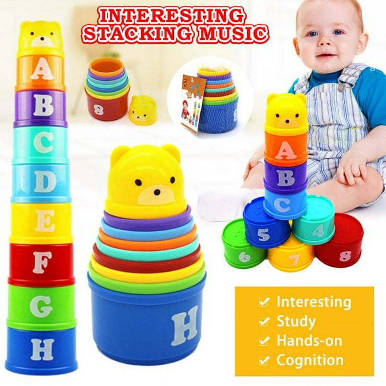 SUTENG Colorful Stacking Nesting Cups 9 Cups Fun Color Learning Toy Great Bath Beach Toy for Baby Toddler Kids Preschool Game