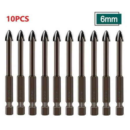 

10 Pcs 6mm Tile Drill Bit 74mm Hex Shank Spear Head Tungsten Carbide For Porcelain Marble Ceramic Glass Brick Cross Drilling