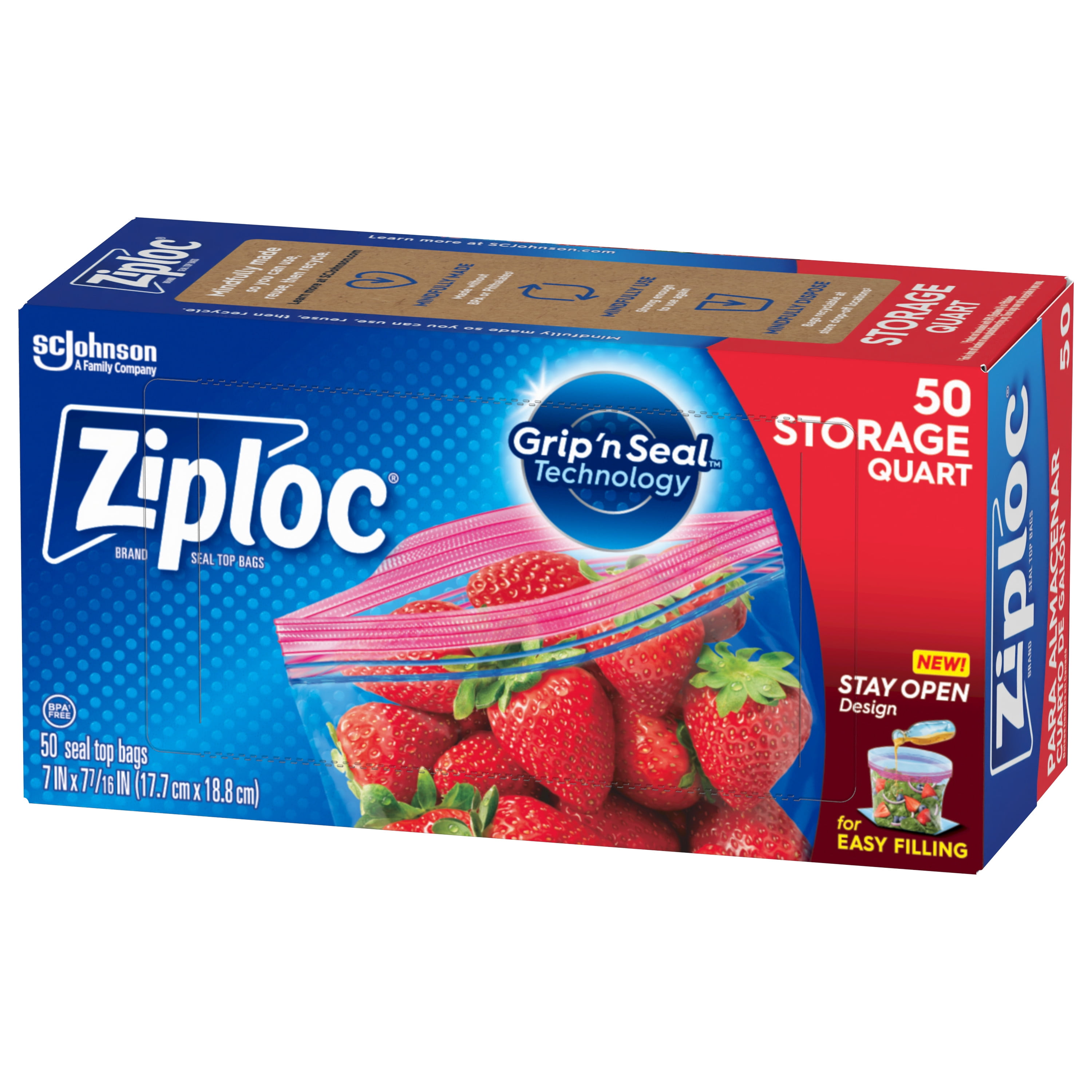 Ziploc Quart Food Storage Bags, New Stay Open Design with Stand-Up Bottom,  Easy to Fill, 80 Count