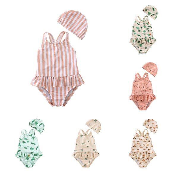 HNMKIU Girls One Piece Swimsuits Toddler Kids Baby Girl Floral Sleeveless Piece Swimsuit Bathing Suit Bikini Tankini With Hat Light Pink,2-3 Years