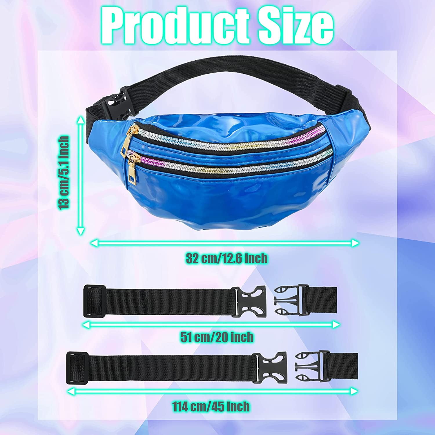 3 Pieces Holographic Fanny Pack for Women Kids Men Metallic Iridescent Sport Waist Bag Reflective Belt Bag with Adjustable Belt Waterproof Chest Bag