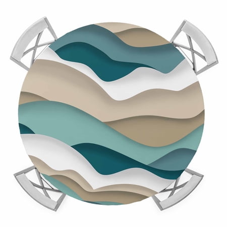 Round Fitted Tablecloth with Elastic Edge Turquoise Brown Ombre Waterproof Table Cloth Table Cover for 45 -54 Tables Modern Geometric Moire Abstract Art Tablecloths for Dining Picnic Party Outdoor