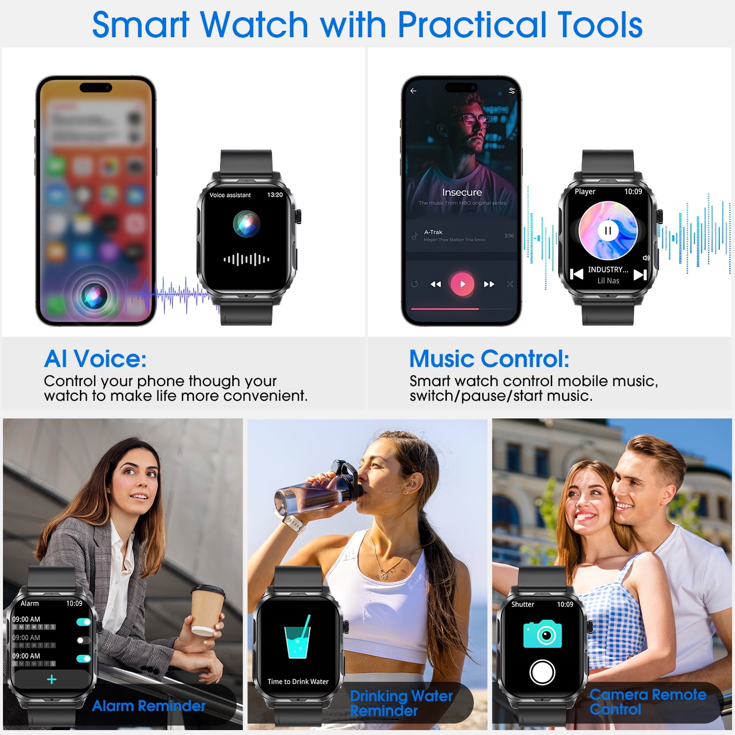 Posrue H5 Smart Watch with Bluetooth Call, IP68 Waterproof Fitness Tracker for Women and Men, Black