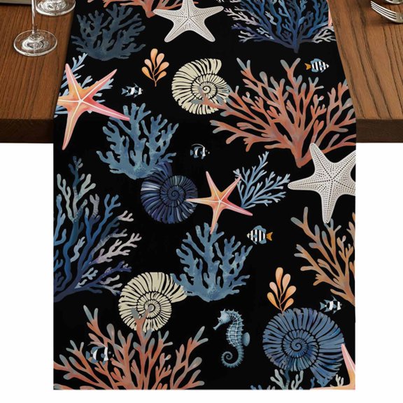 Table Runners 90 Inches Long Dress Scarves, Black Blue Coastal Farmhouse Coffee/Dining/Kitchen Table Runner for Living Room, Summer Beach Coral Shell Starfish Seahorse 13x90 Inch