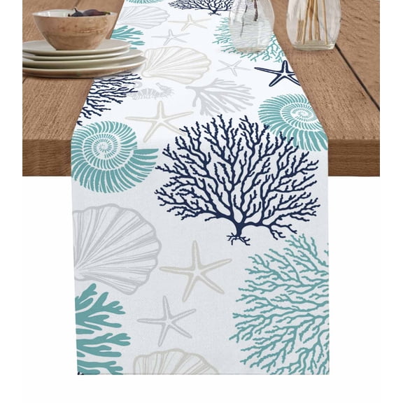 Table Runner 36 Inches Long for Kitchen Dining, Teal Navy Blue Coastal Dresser Scarf Farmhouse, Dining Table Decorations for Wedding/Parties, Summer Beach Coral Shell Ocean 13 x 36 In