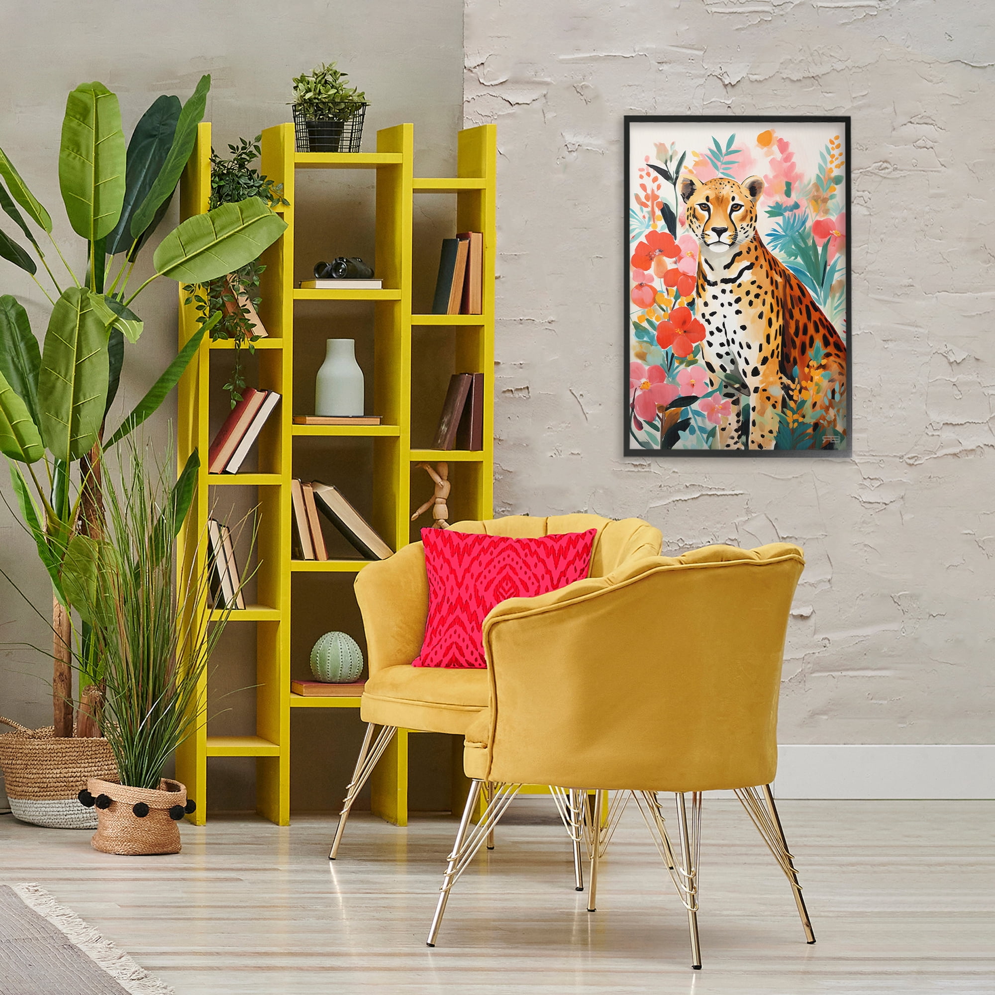 Stupell Industries Floral Adorned Leopard Animals & Insects Painting Black Framed Art Print Wall Art, 20 x 30