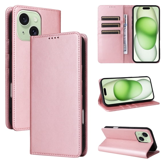 Allytechgroup Wallet Case for iPhone 15 Plus, Built-in Credit Card Slot RFID Blocking PU Leather Flip Stand Magnetic Closure Case Military Grade Drop Protection for iPhone 15 Plus, Rosegold