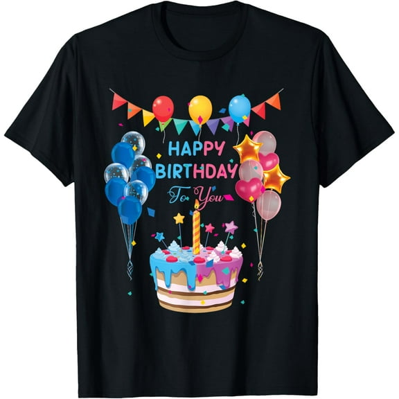 Happy Birthday To You Cake And Balloon Party T-Shirt men and women can wear, black, white, gifts