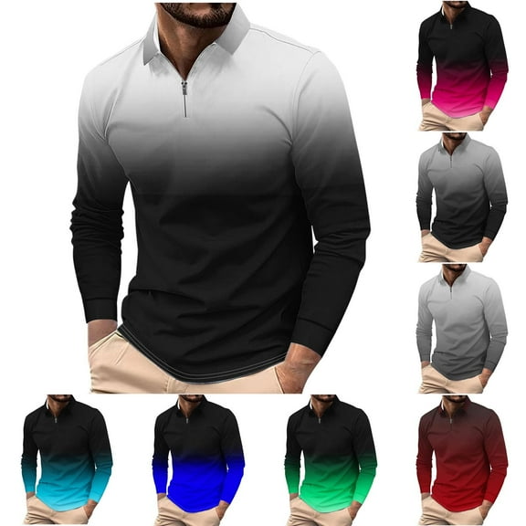 WRKEKC Men's Long Sleeve Shirts, Long Sleeve Tops for Men, Men's Casual Turndown Collar Gradient Print Pullover Fitness Sports Long Sleeve T-Shirt Blouse