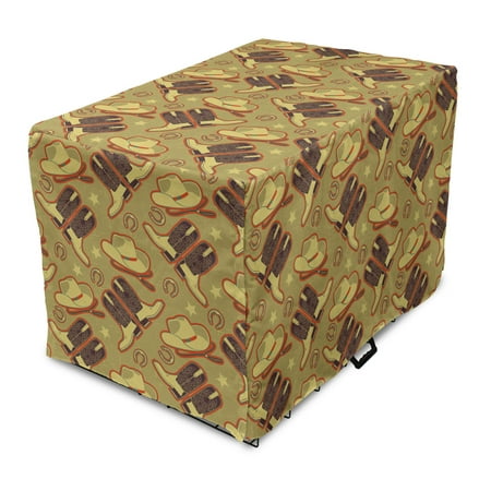 Western Dog Crate Cover  Vintage Hat Boots Horse Shoes Retro Western Culture Worn Backdrop  Easy to Use Pet Kennel Cover for Medium Large Dogs  35  x 23  x 27   Khaki Dark Brown Scarlet  by Ambesonne