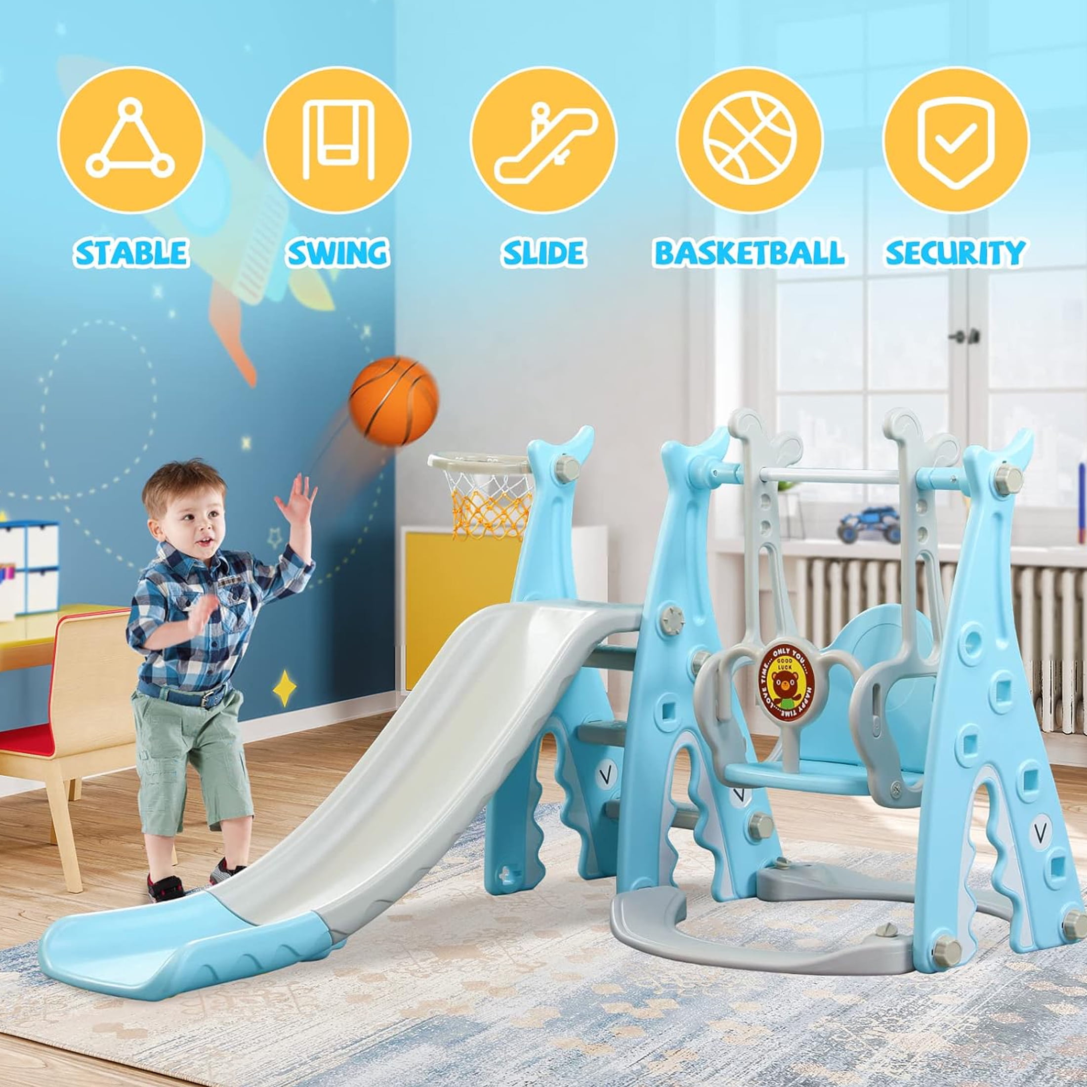 Ealing Slide and Swing Set for Toddlers Age 1-3,4 in 1 Indoor Outdoor Baby Swing Toys Playset with Basketball Hoop,with Safety Belt ,Extra Long Slide 53.1  in,Blue