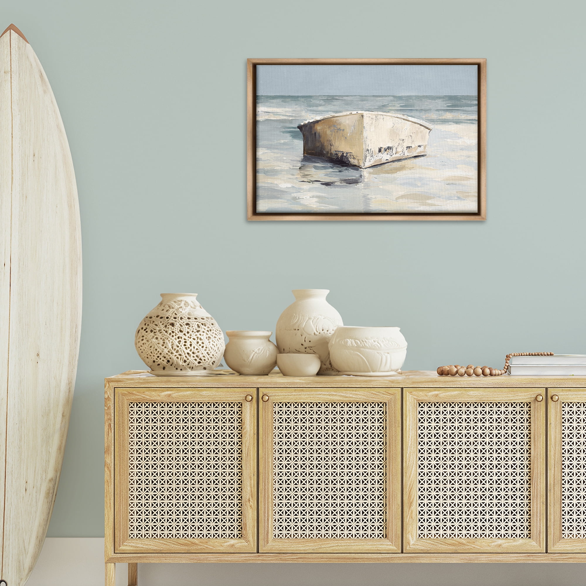 Stupell Industries Abandoned Boat Hull Transportation Painting Brown Floater Framed Canvas Art Print Wall Art, 31 x 21