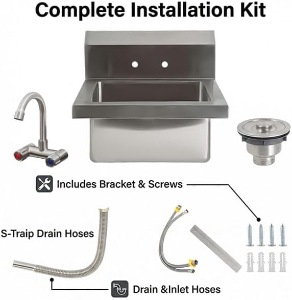 17x15in Commercial Stainless Steel Hand Sink with Swivel Faucet Wall Mount or Drop-In Small Hand Wash Basin with Backsplash and Drain Kit for Restaurant Bar Kitchen Garage