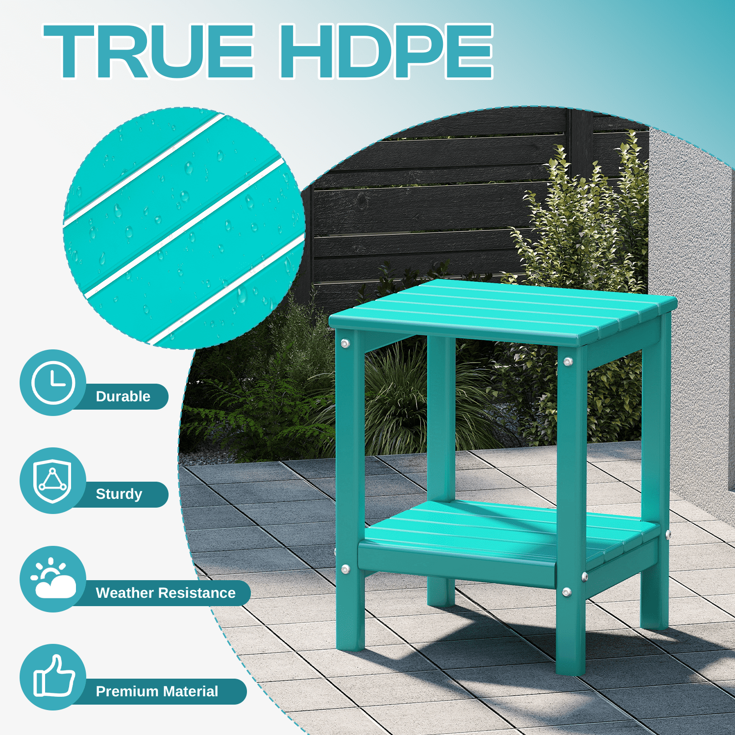 Pipopa Adirondack Outdoor Side Table Set of 2,HDPE All Weather Double Layer Patio Side Table,Rectangular End Table for Garden Balcony Pool,Aqua