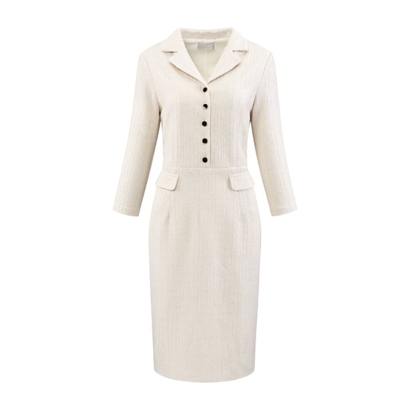 DARING DIVA 3/4 Sleeve Collared Vintage Tweed Midi Dress S Beige White