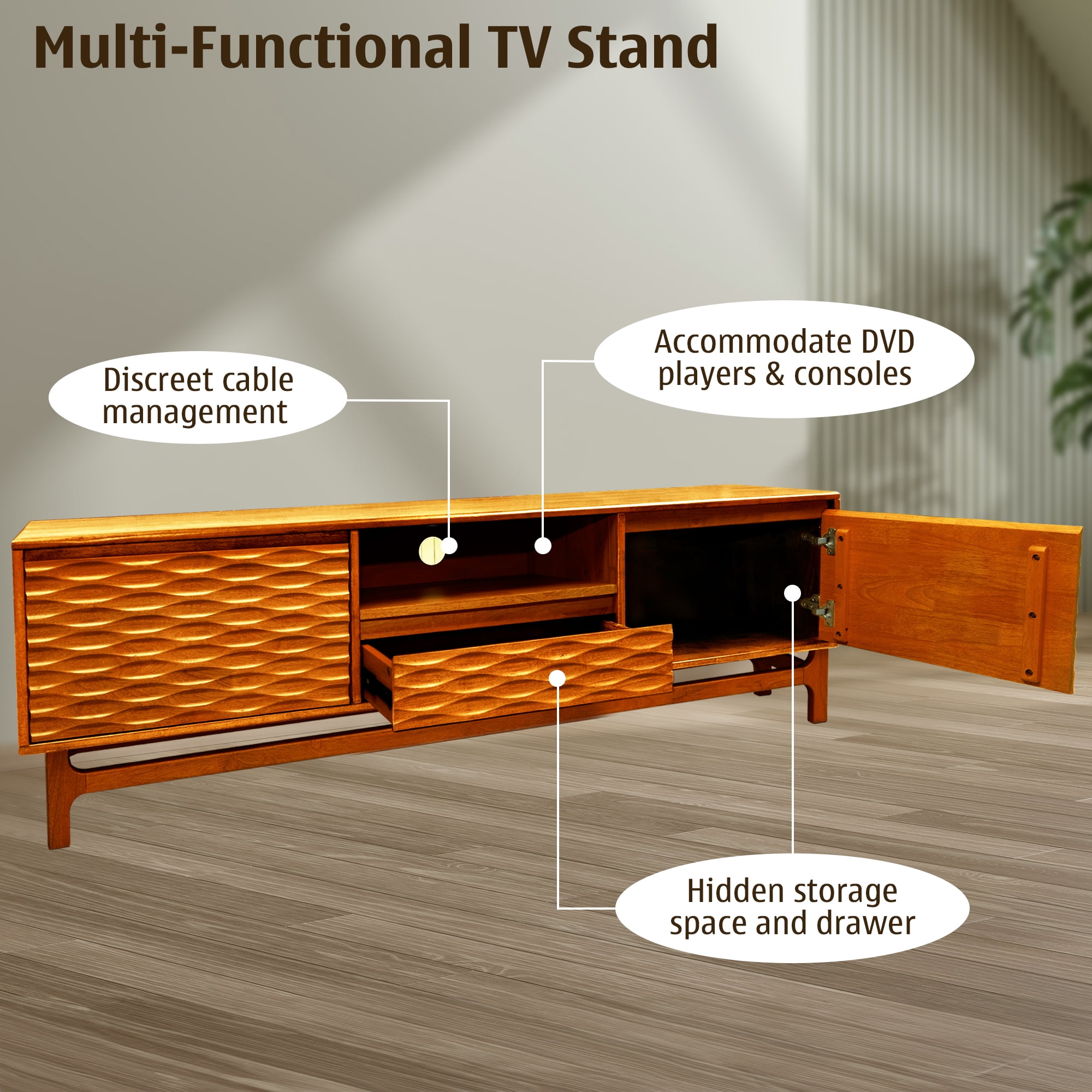 Acacia Elara TV Stand for TVs up to 75" Media Console Entertainment Center, Caramel