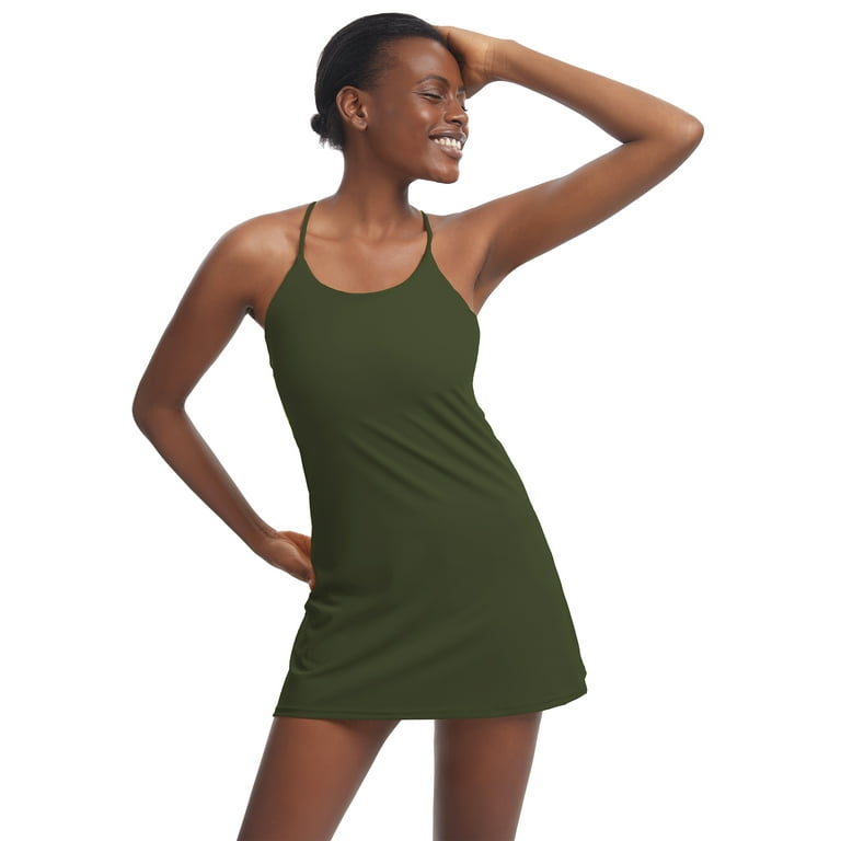 KUACUA Women's Sleeveless Workout Dress, Built-in Bra & Shorts with  Pockets, Athletic Dress for Golf Sportwear Tennis Dress Army Green 