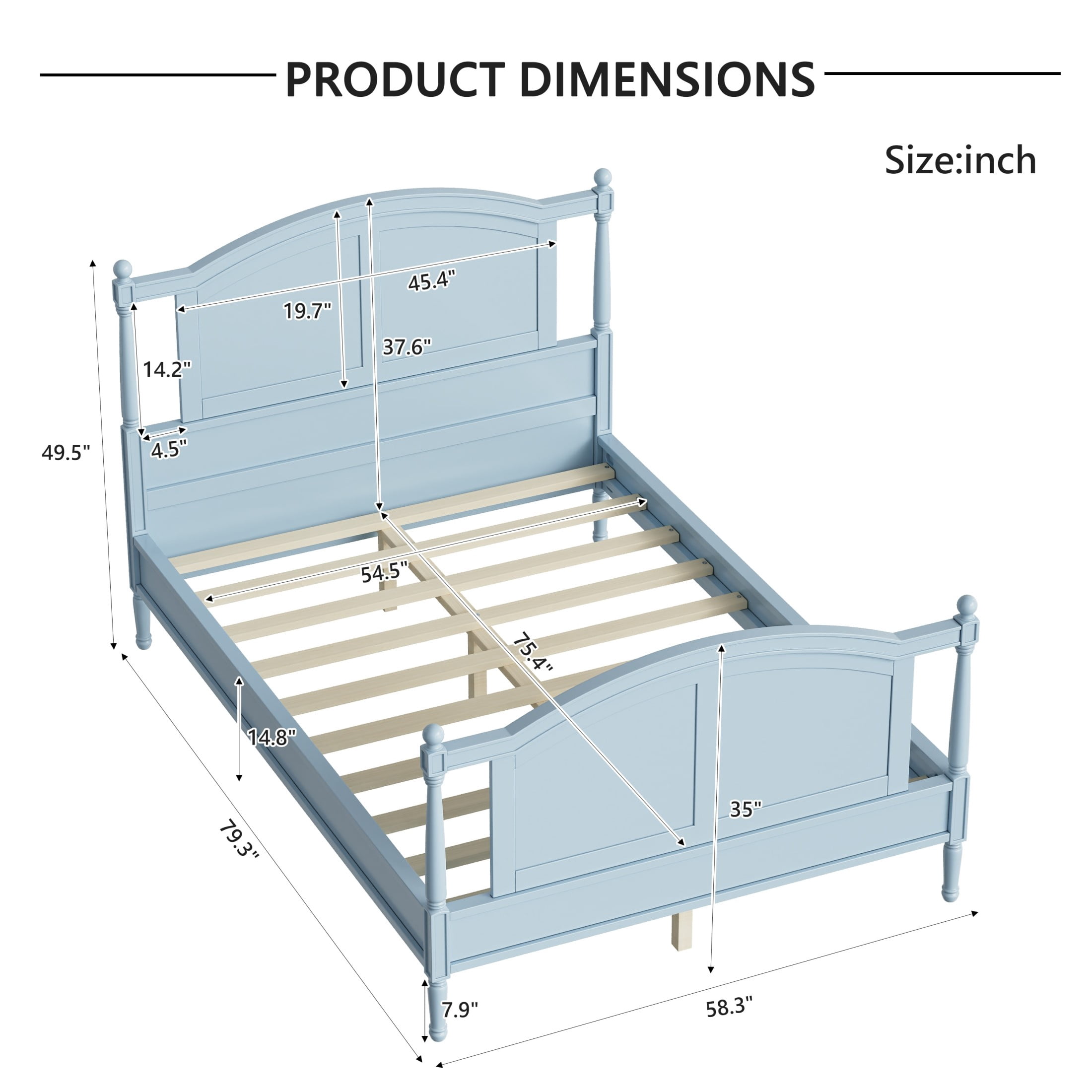 Noble House Norra Traditional Wooden Platform Full Bed Frame with Arched Headboard, Cottage Panel Bed Frame, Light Blue