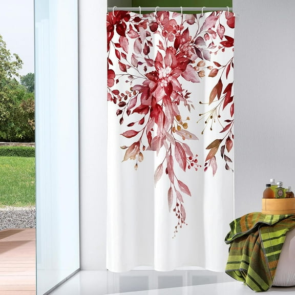 Small Stall Shower Curtain 36 x 72, Narrow Half Burgundy Red Floral Shower Curtain for Bathroom, Watercolor Plant Eucalyptus Leaves Fabric Shower Curtain Set with Hooks