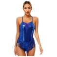 thumbnail image 2 of Raenseen Womens Sleeveless Sequin Leotard with Fringe Latin Jazz Chacha Ballroom Dance Costume Royal_Blue S, 2 of 8