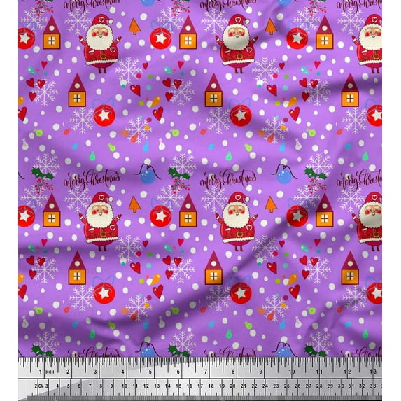 Soimoi Purple Velvet Fabric Heart,Santa & Baubles Christmas Print Sewing Fabric Yard 58 Inch Wide