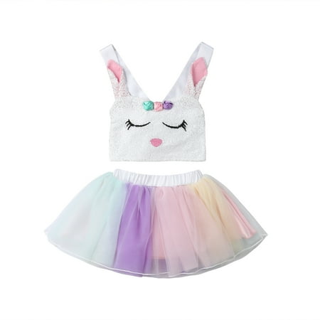 

Douhoow 2Pcs Toddler Girls Easter Outfits Kids Sleeveless Bunny Vest+Rainbow Tutu Skirts 1-5T