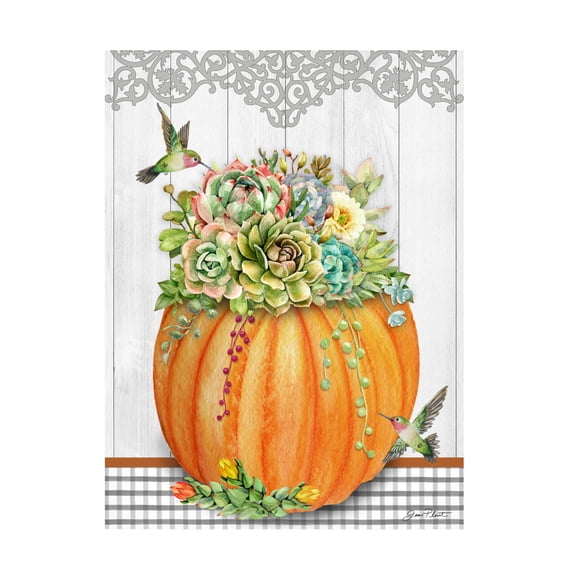 Canvas Wall Art - Jean Plout 'Pumpkins With Succulents C' Wall Art for Living Room, Bedroom, or Office Décor by Trademark Fine Art - 14 x 19 Inches