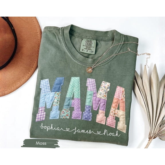 Personalized Mama Faux Patchwork Shirt, Floral Mom Name Tee