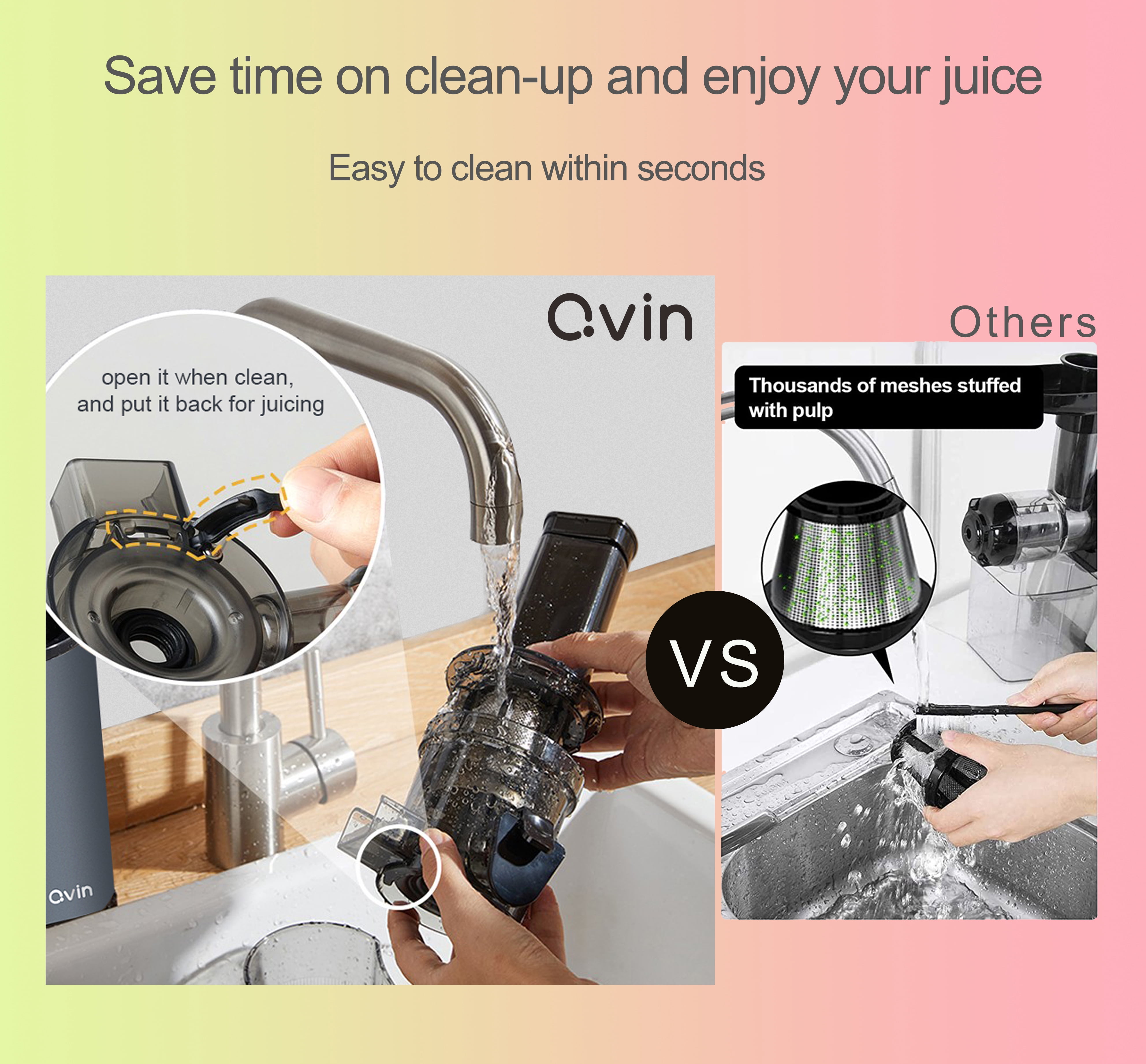 Qvin Compact Slow Masticating Juicer machines 3inch Big Wide Chute, Easy to Clean, BPA Free, Nutritional electrical Cold Press Juicer machine with Brush and 2 Cups