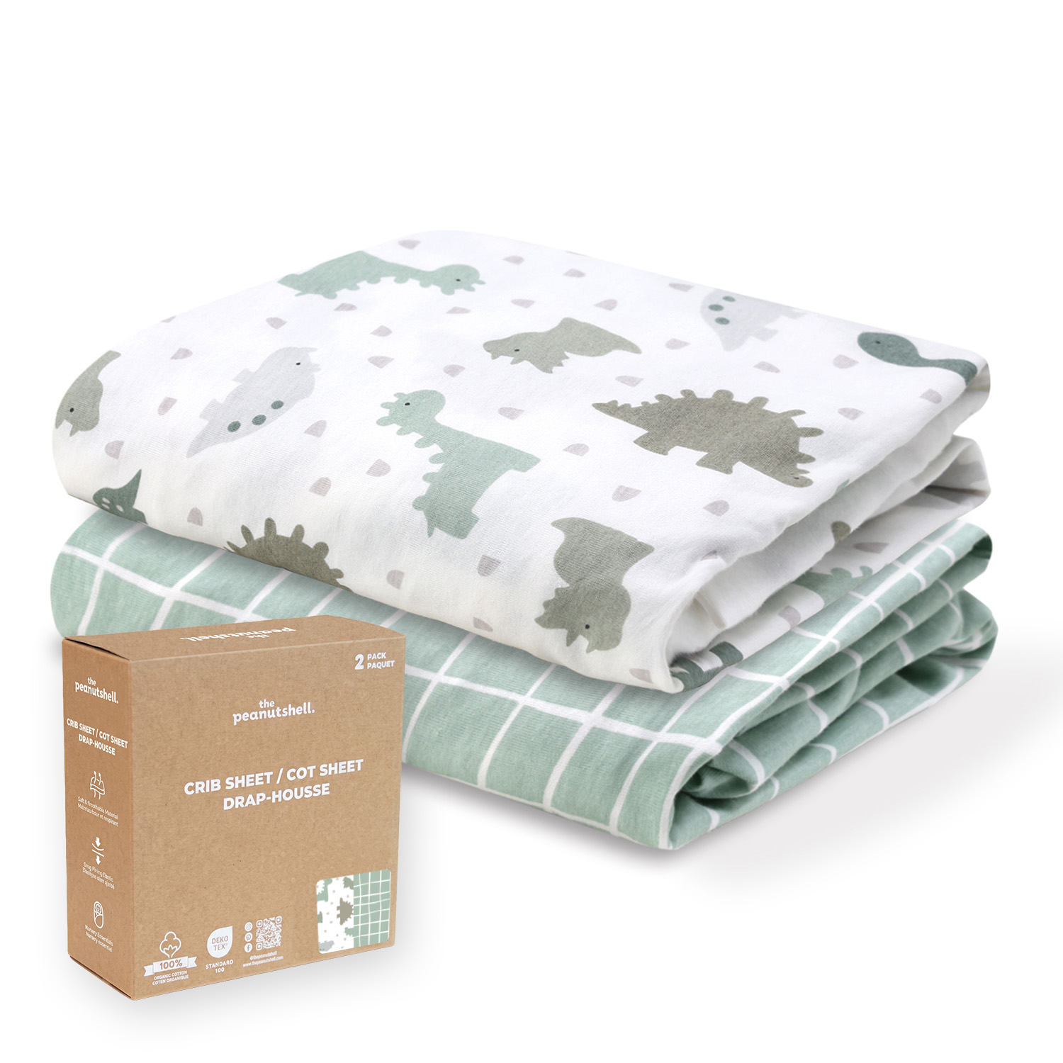 The Peanutshell Organic Cotton Crib Sheets, Sage Dino, 2-Pack