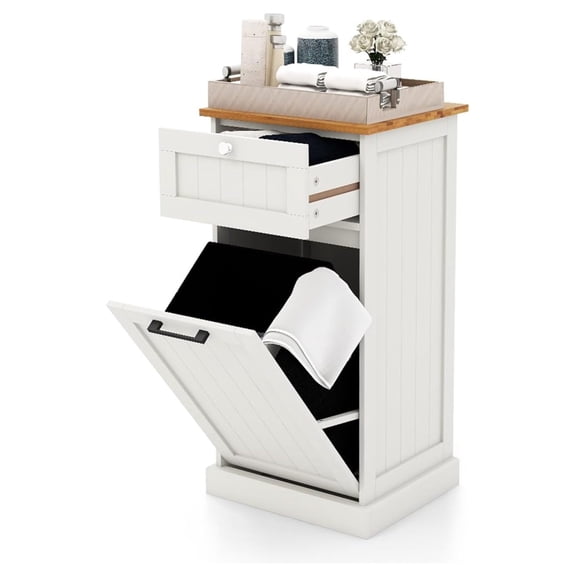 Tilt Out Laundry Cabinet, 10 Gallon Wood Hamper Cabinet with Removable Basket, Drawer, Bamboo Countertop, Bathroom Storage Cabinet, White